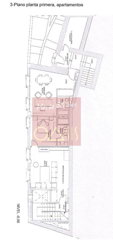 Plano de la primera planta para apartamentos de carmen a la venta en el Albaicín, Granada.